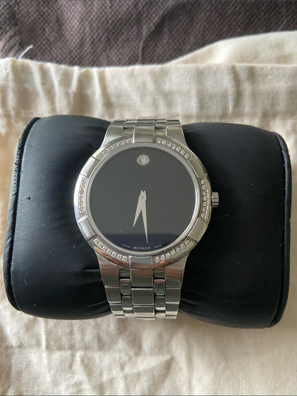 Movado Silver Stainless Steel Watch with Black Dial and Crystal Bezel